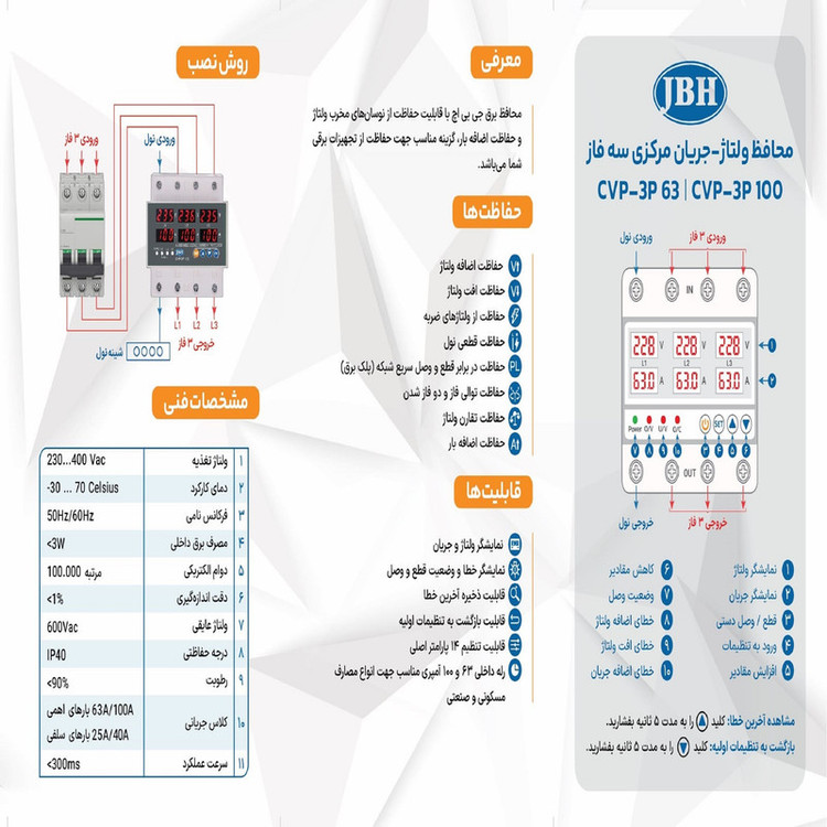 محافظ ولتاژ و جریان سه فاز 63 آمپر جی بی اچ کد JBH/CVP-63/3PH/63A