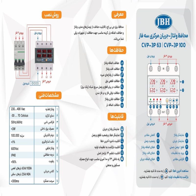 محافظ ولتاژ و جریان سه فاز 100 آمپر جی بی اچ کد JBH/CVP-100/3PH/100A