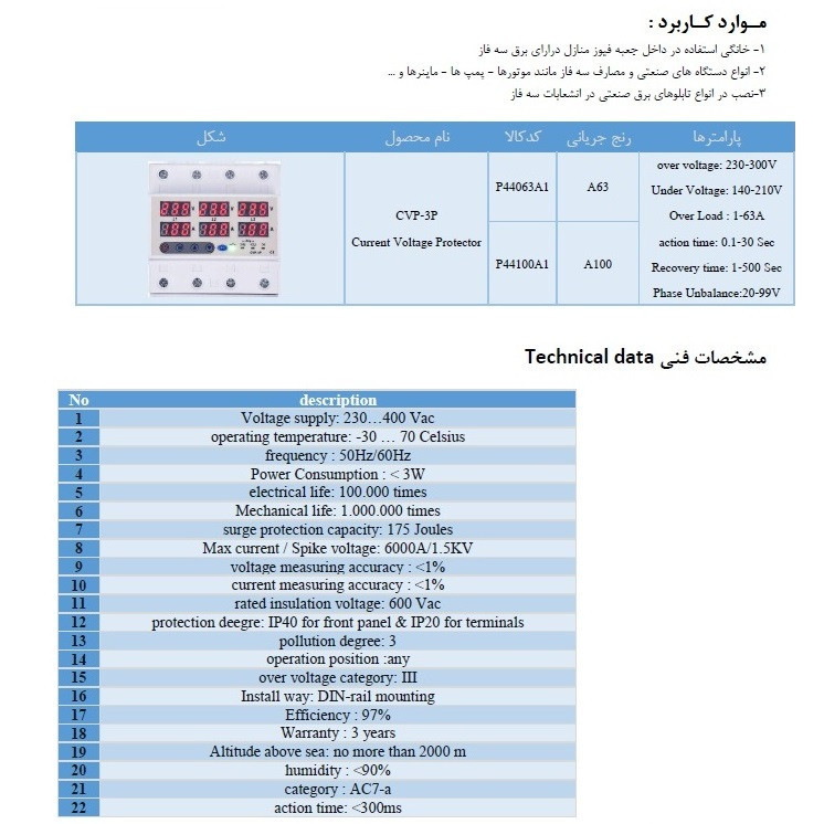 محافظ کنترل ولتاژ و آمپر برق ورودی جی بی اچ مدل 63A سه فاز