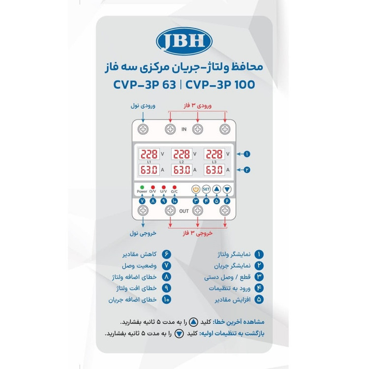 محافظ کنترل ولتاژ و آمپر برق ورودی جی بی اچ مدل 63A سه فاز