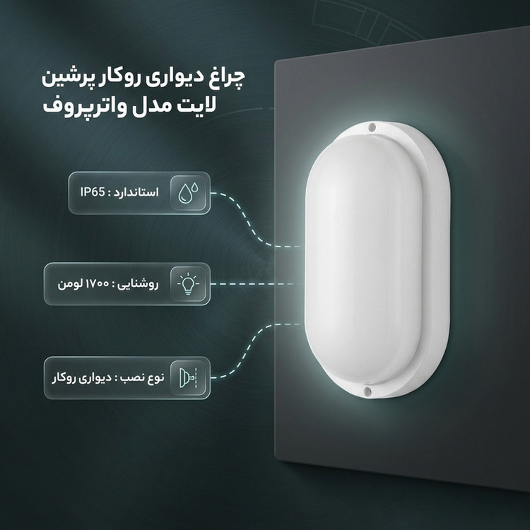 چراغ حمام دیواری پرشین لایت مدل واترپروف IP65 طرح روکار بیضی